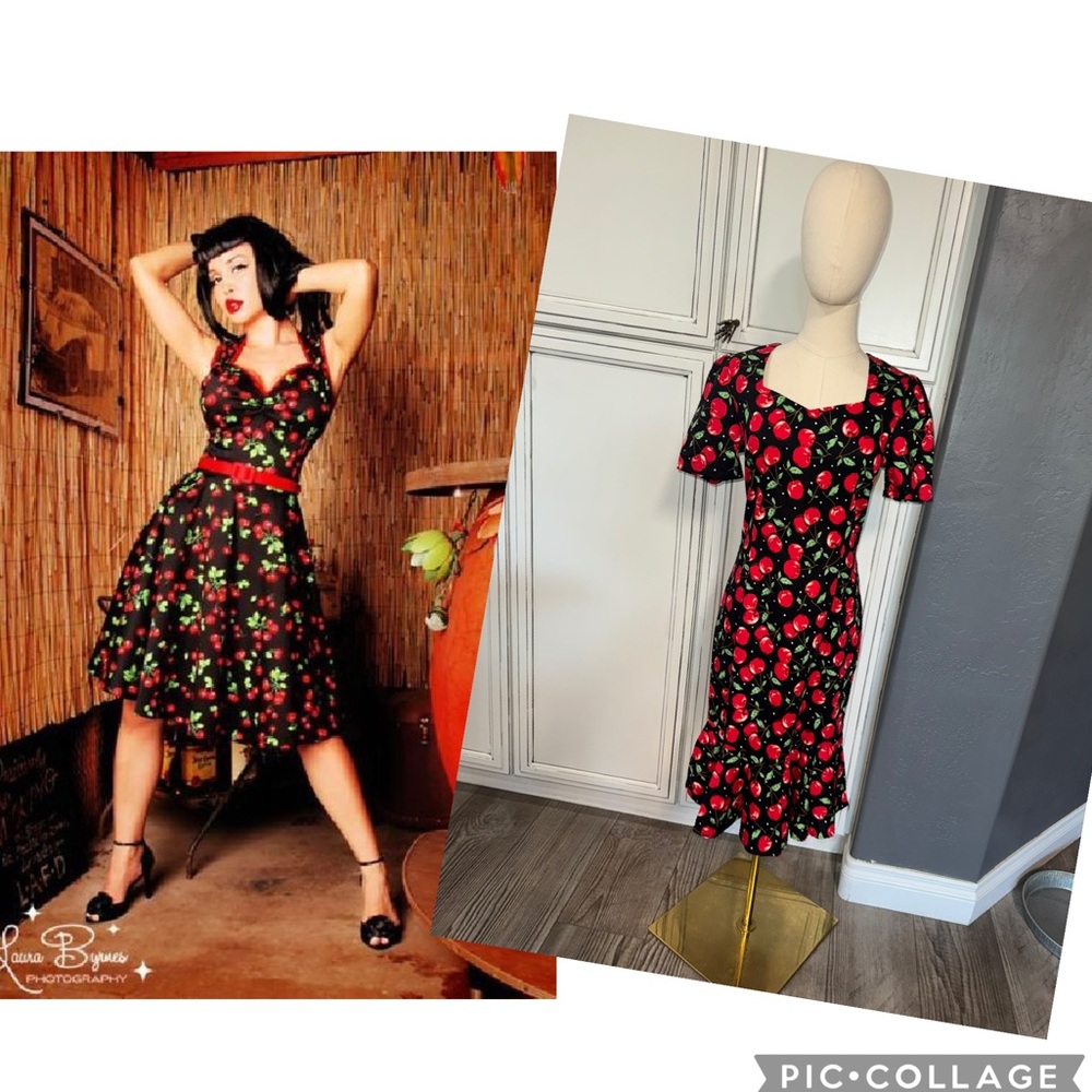 Retro Vintage Stretchy Cherries Dress Vogue Fashion Peplum Hem Rockabilly fitted